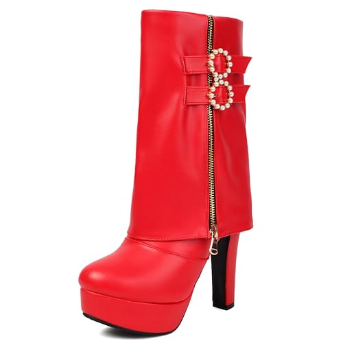 MJIASIAWA Damen Blockabsatz Halbschaft Runde Zehen Stiefel Plateau Winter Mode Plateau Riding Stiefeletten Dancing Franse Höhe Ferse Rot Gr 45 EU/47 Asiatisch von MJIASIAWA
