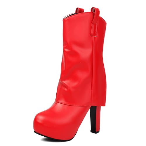 MJIASIAWA Damen Blockabsatz Halbschaft Runde Zehen Stiefel Plateau Winter Mode Plateau Riding Stiefeletten Dancing Franse Höhe Ferse Rot Gr 46 EU/48 Asiatisch von MJIASIAWA