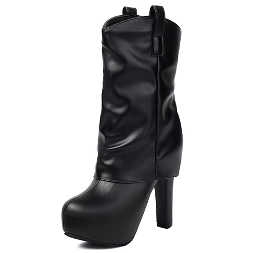 MJIASIAWA Damen Blockabsatz Halbschaft Runde Zehen Stiefel Plateau Winter Mode Plateau Riding Stiefeletten Dancing Franse Höhe Ferse Schwarz Gr 40 EU/41 Asiatisch von MJIASIAWA