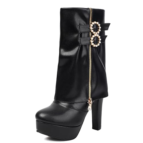 MJIASIAWA Damen Blockabsatz Halbschaft Runde Zehen Stiefel Plateau Winter Mode Plateau Riding Stiefeletten Dancing Franse Höhe Ferse Schwarz Gr 46 EU/48 Asiatisch von MJIASIAWA