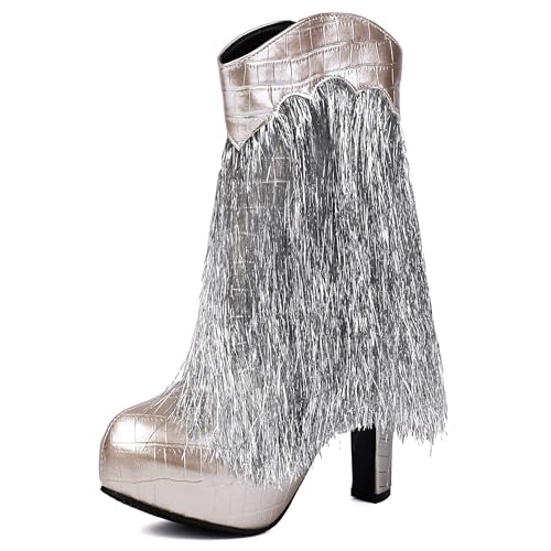 MJIASIAWA Damen Blockabsatz Halbschaft Runde Zehen Stiefel Plateau Winter Mode Plateau Riding Stiefeletten Dancing Franse Höhe Ferse Silber Gr 40.5 EU/42 Asiatisch von MJIASIAWA