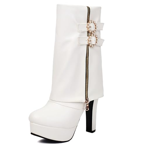 MJIASIAWA Damen Blockabsatz Halbschaft Runde Zehen Stiefel Plateau Winter Mode Plateau Riding Stiefeletten Dancing Franse Höhe Ferse Weiß Gr 34 EU von MJIASIAWA
