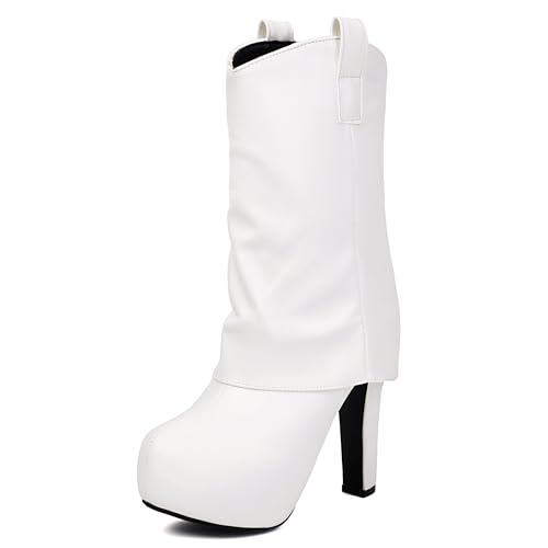 MJIASIAWA Damen Blockabsatz Halbschaft Runde Zehen Stiefel Plateau Winter Mode Plateau Riding Stiefeletten Dancing Franse Höhe Ferse Weiß Gr 36.5 EU/37 Asiatisch von MJIASIAWA