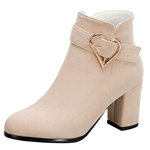 MJIASIAWA Damen Blockabsatz Hochzeit Kleid Winter Warm Stiefeletten Reißverschluss Schnalle Elegant Bridesmaid Höhe Ferse Chelsea Stiefel Beige Gr 40.5 EU/42 Asiatisch von MJIASIAWA