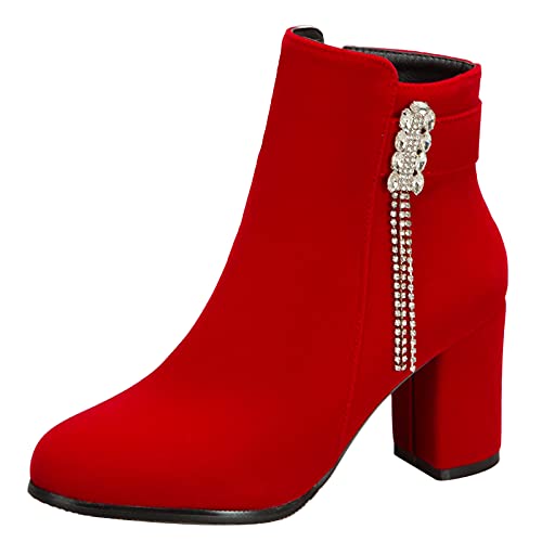 MJIASIAWA Damen Blockabsatz Hochzeit Kleid Winter Warm Stiefeletten Reißverschluss Schnalle Elegant Bridesmaid Höhe Ferse Chelsea Stiefel Rot Gr 44 EU/46 Asiatisch von MJIASIAWA