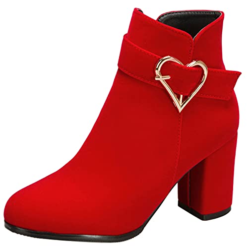 MJIASIAWA Damen Blockabsatz Hochzeit Kleid Winter Warm Stiefeletten Reißverschluss Schnalle Elegant Bridesmaid Höhe Ferse Chelsea Stiefel Rot Gr 46 EU/48 Asiatisch von MJIASIAWA