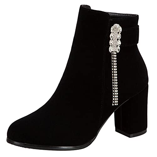 MJIASIAWA Damen Blockabsatz Hochzeit Kleid Winter Warm Stiefeletten Reißverschluss Schnalle Elegant Bridesmaid Höhe Ferse Chelsea Stiefel Schwarz Gr 47 EU/49 Asiatisch von MJIASIAWA