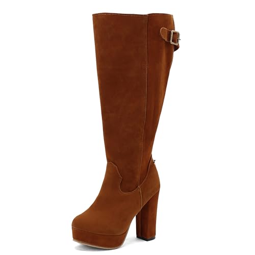 MJIASIAWA Damen Blockabsatz Knee High Klassische Plateau Stiefel Ohne Verschluss Winter Buro Warm Runde Zehen Chunky Riding Booty Gelb Gr 40.5 EU/42 Asiatisch von MJIASIAWA