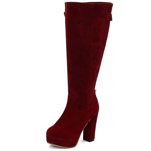 MJIASIAWA Damen Blockabsatz Knee High Klassische Plateau Stiefel Ohne Verschluss Winter Buro Warm Runde Zehen Chunky Riding Booty Rot Gr 34 EU von MJIASIAWA