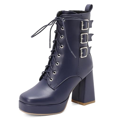 MJIASIAWA Damen Blockabsatz Mode Square Toe Stiefeletten Weit Fit Military Winter Warm Plateau Chelsea Zip Stiefeletten Blau Gr 48 EU/50 Asiatisch von MJIASIAWA