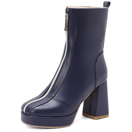 MJIASIAWA Damen Blockabsatz Mode Square Toe Stiefeletten Weit Fit Military Winter Warm Plateau Chelsea Zip Stiefeletten Blau Gr 48 EU/50 Asiatisch von MJIASIAWA