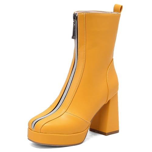MJIASIAWA Damen Blockabsatz Mode Square Toe Stiefeletten Weit Fit Military Winter Warm Plateau Chelsea Zip Stiefeletten Gelb Gr 35 EU von MJIASIAWA