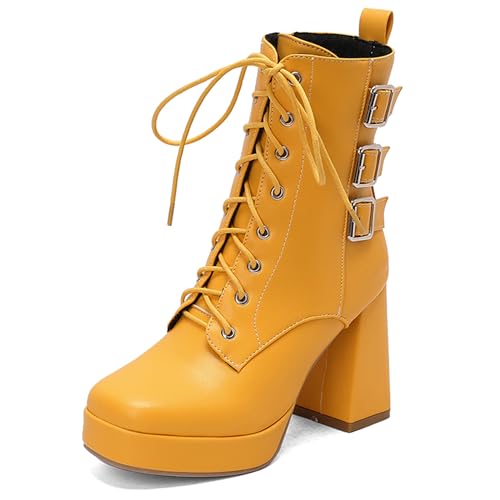 MJIASIAWA Damen Blockabsatz Mode Square Toe Stiefeletten Weit Fit Military Winter Warm Plateau Chelsea Zip Stiefeletten Gelb Gr 43 EU/45 Asiatisch von MJIASIAWA