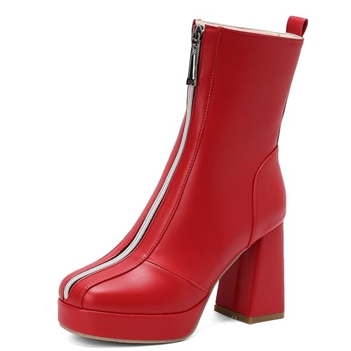 MJIASIAWA Damen Blockabsatz Mode Square Toe Stiefeletten Weit Fit Military Winter Warm Plateau Chelsea Zip Stiefeletten Rot Gr 34 EU von MJIASIAWA