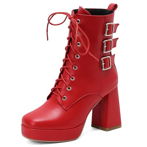 MJIASIAWA Damen Blockabsatz Mode Square Toe Stiefeletten Weit Fit Military Winter Warm Plateau Chelsea Zip Stiefeletten Rot Gr 47 EU/49 Asiatisch von MJIASIAWA