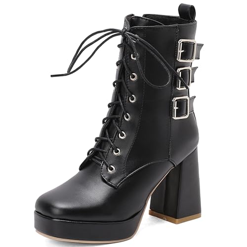 MJIASIAWA Damen Blockabsatz Mode Square Toe Stiefeletten Weit Fit Military Winter Warm Plateau Chelsea Zip Stiefeletten Schwarz Gr 42 EU/44 Asiatisch von MJIASIAWA