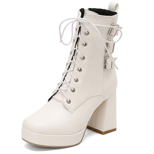 MJIASIAWA Damen Blockabsatz Mode Square Toe Stiefeletten Weit Fit Military Winter Warm Plateau Chelsea Zip Stiefeletten Weiß Gr 37 EU/38 Asiatisch von MJIASIAWA