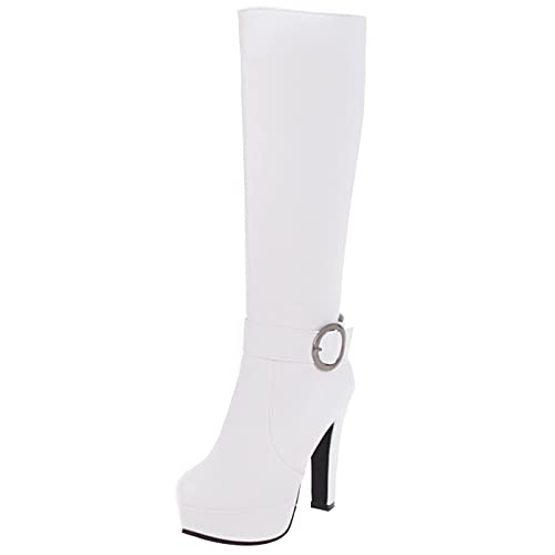 MJIASIAWA Damen Blockabsatz Plateau Riding Mode Boots Hochzeit Kleid Runde Zehen Elegant Reißverschluss Reitstiefel Mit Schnalle Weiß Gr 37 EU/38 Asiatisch von MJIASIAWA