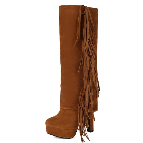 MJIASIAWA Damen Blockabsatz Plateau Runde Zehen Kniehohe Stiefel Winter Warm Elegant Hochzeit Abend Riding Booty Franse Braun Gr 42 EU/44 Asiatisch von MJIASIAWA