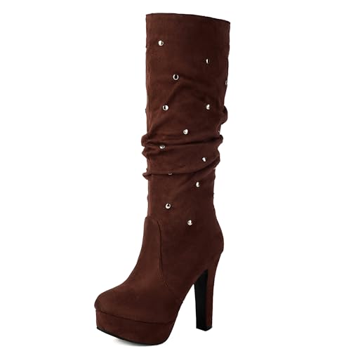 MJIASIAWA Damen Blockabsatz Plateau Runde Zehen Kniehohe Stiefel Winter Warm Elegant Hochzeit Abend Riding Booty Franse Braun Gr 45 EU/47 Asiatisch von MJIASIAWA