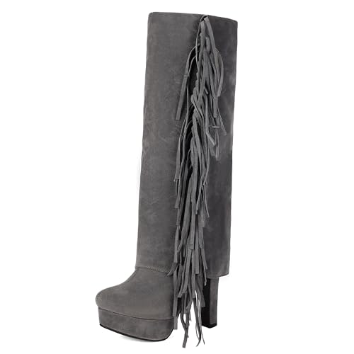 MJIASIAWA Damen Blockabsatz Plateau Runde Zehen Kniehohe Stiefel Winter Warm Elegant Hochzeit Abend Riding Booty Franse Grau Gr 45 EU/47 Asiatisch von MJIASIAWA