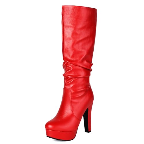 MJIASIAWA Damen Blockabsatz Plateau Runde Zehen Kniehohe Stiefel Winter Warm Elegant Hochzeit Abend Riding Booty Franse Rot Gr 46 EU/48 Asiatisch von MJIASIAWA