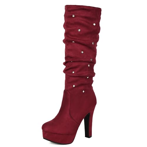 MJIASIAWA Damen Blockabsatz Plateau Runde Zehen Kniehohe Stiefel Winter Warm Elegant Hochzeit Abend Riding Booty Franse Rotwein Gr 46 EU/48 Asiatisch von MJIASIAWA