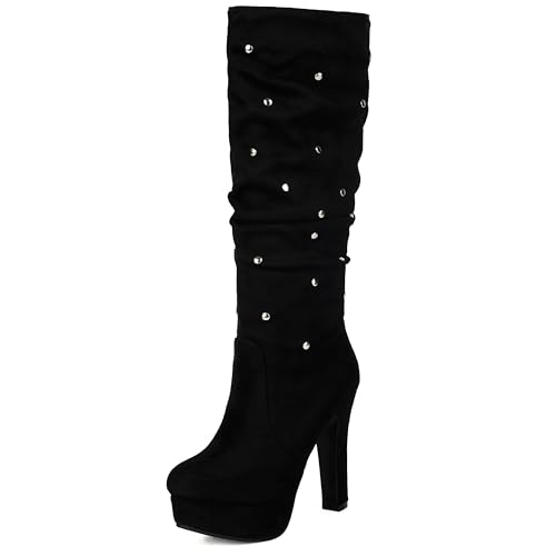 MJIASIAWA Damen Blockabsatz Plateau Runde Zehen Kniehohe Stiefel Winter Warm Elegant Hochzeit Abend Riding Booty Franse Schwarz Gr 44 EU/46 Asiatisch von MJIASIAWA