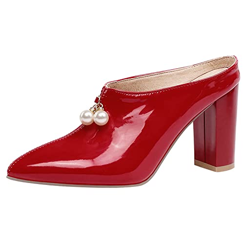 MJIASIAWA Damen Blockabsatz Pointed Toe Pantoletten Pantoffeln Sandalen Party Kleid Höhe Ferse Mode Sommer Pantoffeln Rot Gr 42 EU/44 Asiatisch von MJIASIAWA
