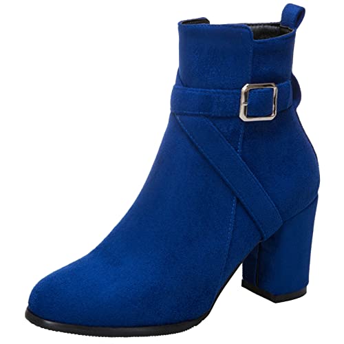 MJIASIAWA Damen Blockabsatz Reißverschluss Winter Mode Chelsea Stiefeletten Buro Arbeit Höhe Ferse Runde Zehen Warm Abend Stiefeletten Blau Gr 34 Eu von MJIASIAWA