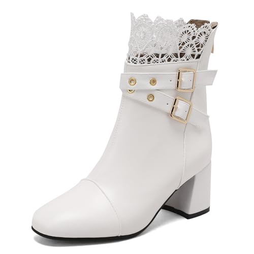 MJIASIAWA Damen Blockabsatz Square Toe Blumen Denim Chelsea Stiefel Winter Warm Mode Blumen Ankle Stiefeletten Party Hochzeit Kleid Weiß Gr 38 EU/39 Asiatisch von MJIASIAWA