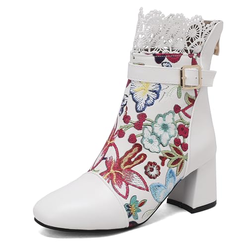 MJIASIAWA Damen Blockabsatz Square Toe Blumen Denim Chelsea Stiefel Winter Warm Mode Blumen Ankle Stiefeletten Party Hochzeit Kleid Weiß Gr 39 EU/40 Asiatisch von MJIASIAWA