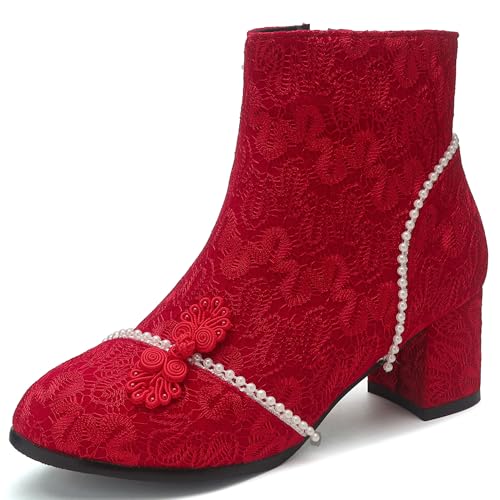 MJIASIAWA Damen Blockabsatz Winter Chelsea Stiefel Bogen Runde Zehen Hochzeit Komfort Ankle Stiefeletten Zip Rot Gr 46 EU/48 Asiatisch von MJIASIAWA