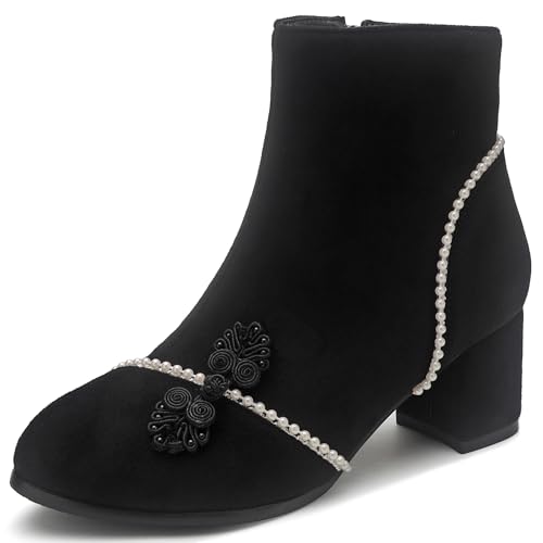 MJIASIAWA Damen Blockabsatz Winter Chelsea Stiefel Bogen Runde Zehen Hochzeit Komfort Ankle Stiefeletten Zip Schwarz Gr 41 EU/43 Asiatisch von MJIASIAWA