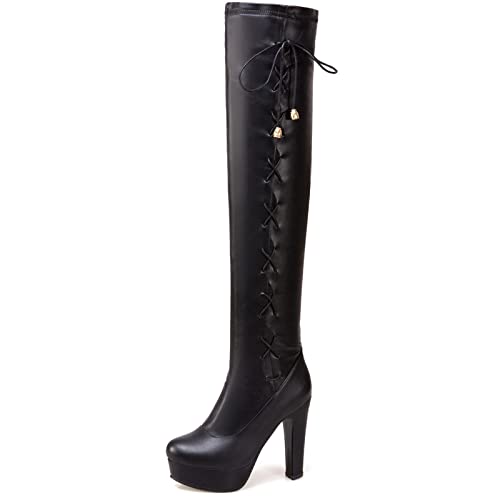 MJIASIAWA Damen Blockabsatz Winter Party Prom Mode Overknees Stretch Stiefel Ohne Verschluss Kleid Plateau Abend Boots Schwarz Gr 47 EU/49 Asiatisch von MJIASIAWA