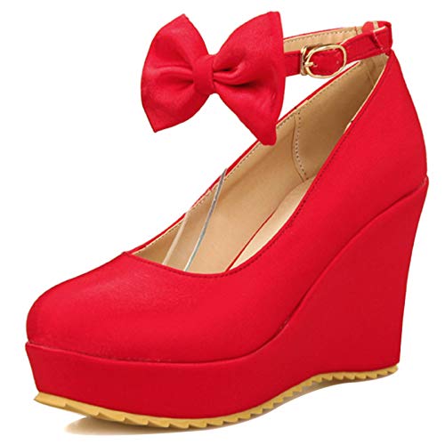 MJIASIAWA Damen Bogen Knöchelriemchen Party Hohen Keilabsatz Plateau Pumps Hochzeit Elegant Kleid Mode Abend Schuhe Rot Gr 41 EU/43 Asiatisch von MJIASIAWA