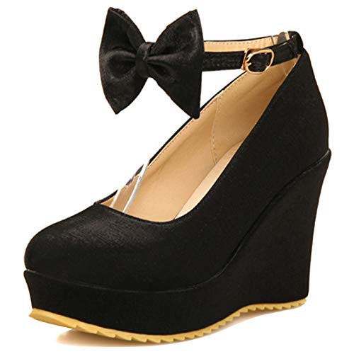 MJIASIAWA Damen Bogen Knöchelriemchen Party Hohen Keilabsatz Plateau Pumps Hochzeit Elegant Kleid Mode Abend Schuhe Schwarz Gr 40.5 EU/42 Asiatisch von MJIASIAWA