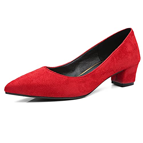 MJIASIAWA Damen Buro Abend Kleid Pointed Toe Ohne Verschluss Blockabsatz Pumps Soft Party Mode Mitte Absatz Pumps Rot Gr 46 EU/48 Asiatisch von MJIASIAWA