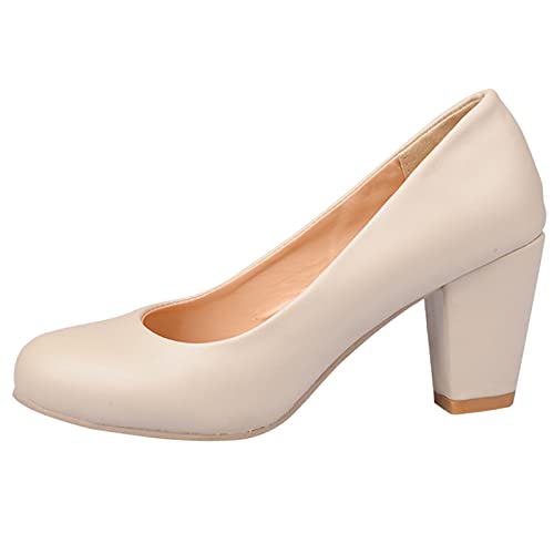 MJIASIAWA Damen Buro Arbeit Abend Kleid Closed Toe Blockabsatz Pumps Formal Höhe Ferse Party Bridal Ohne Verschluss Mode Schuhe Beige Gr 42 EU/44 Asiatisch von MJIASIAWA