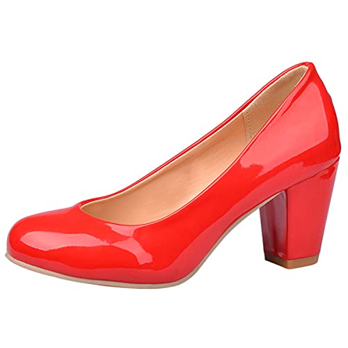 MJIASIAWA Damen Buro Arbeit Abend Kleid Closed Toe Blockabsatz Pumps Formal Höhe Ferse Party Bridal Ohne Verschluss Mode Schuhe Rot Gr 42 EU/44 Asiatisch von MJIASIAWA