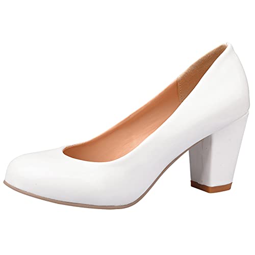 MJIASIAWA Damen Buro Arbeit Abend Kleid Closed Toe Blockabsatz Pumps Formal Höhe Ferse Party Bridal Ohne Verschluss Mode Schuhe Weiß Gr 33 EU von MJIASIAWA
