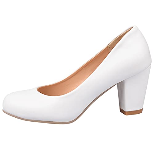 MJIASIAWA Damen Buro Arbeit Abend Kleid Closed Toe Blockabsatz Pumps Formal Höhe Ferse Party Bridal Ohne Verschluss Mode Schuhe Weiß Gr 34 EU von MJIASIAWA