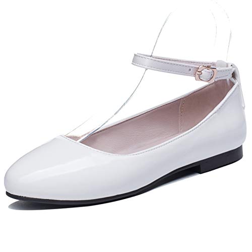 MJIASIAWA Damen Buro Arbeit Flats Knöchelriemchen Komfort Dolly Schuhe Ballerina Prom Ballet Closed Toe Leisure Walking Schuhe Weiß Gr 44 EU/46 Asiatisch von MJIASIAWA