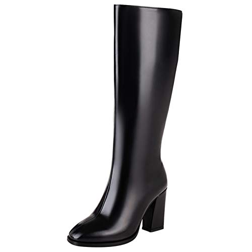 MJIASIAWA Damen Buro Knee Pointed Toe Winterstiefel Weit Fit Warm Blockabsatz Square Toe Elegant Arbeit Hochzeit Kleid Schwarz/Rl Gr 45 EU/47 Asiatisch von MJIASIAWA