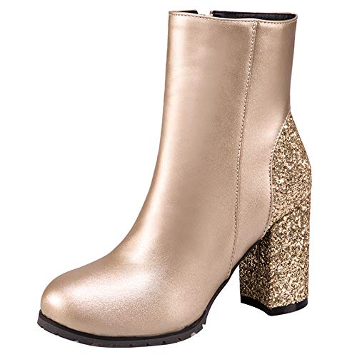 MJIASIAWA Damen Chelsea Blockabsatz Winter Hochzeit Kleid Sequins Reißverschluss Stiefeletten Party Chunky Höhe Ferse Mode Chelsea Stiefel Gold Gr 44 EU/46 Asiatisch von MJIASIAWA
