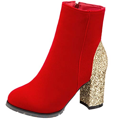 MJIASIAWA Damen Chelsea Blockabsatz Winter Hochzeit Kleid Sequins Reißverschluss Stiefeletten Party Chunky Höhe Ferse Mode Chelsea Stiefel Rot Gr 41 EU/43 Asiatisch von MJIASIAWA