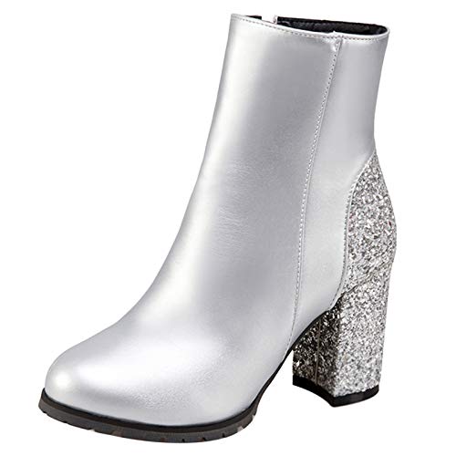 MJIASIAWA Damen Chelsea Blockabsatz Winter Hochzeit Kleid Sequins Reißverschluss Stiefeletten Party Chunky Höhe Ferse Mode Chelsea Stiefel Silber Gr 38 EU/39 Asiatisch von MJIASIAWA