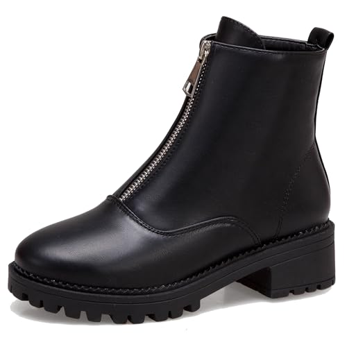 MJIASIAWA Damen Chelsea Chunky Plateau Mode Mitte Blockabsatz Stiefeletten Winter Draußen Runde Zehen Stiefeletten Reißverschluss Schwarz Gr 37 EU/38 Asiatisch von MJIASIAWA