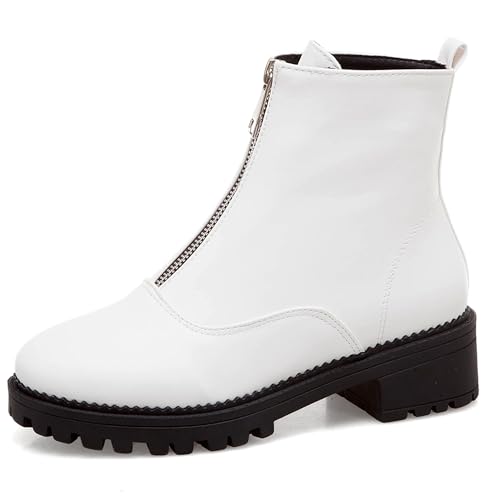 MJIASIAWA Damen Chelsea Chunky Plateau Mode Mitte Blockabsatz Stiefeletten Winter Draußen Runde Zehen Stiefeletten Reißverschluss Weiß Gr 34 EU von MJIASIAWA