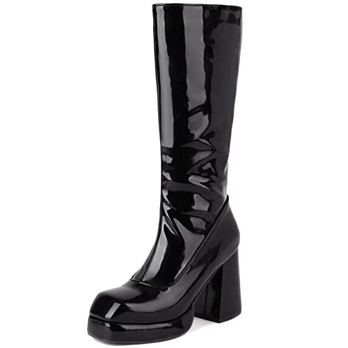 MJIASIAWA Damen Chunky Heel Winter Lack Mode Plateau Riding Hohe Stiefel Reißverschluss Hohen Blockabsatz Kleid Prom Warm Boots Schwarz Gr 32 EU von MJIASIAWA